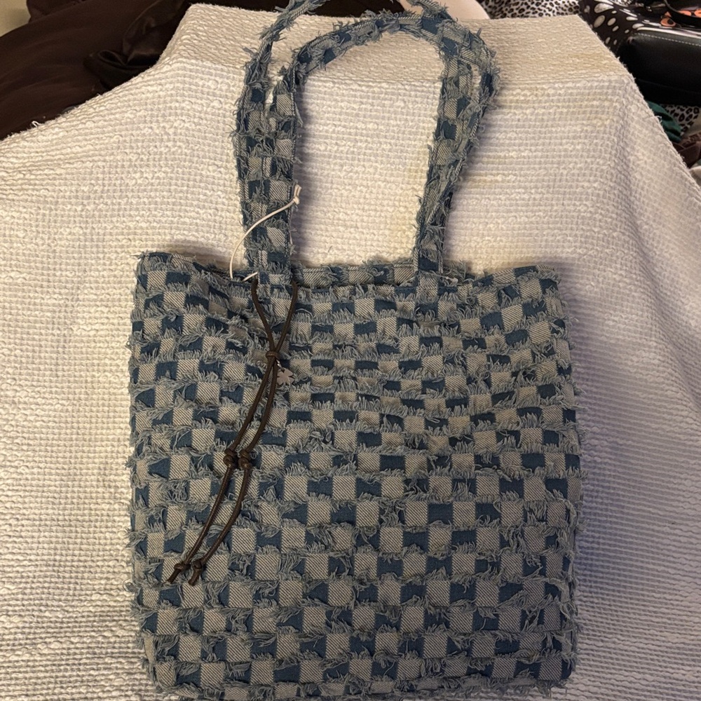 Lucky Brand light and dark Blue Denim Checkered Tote